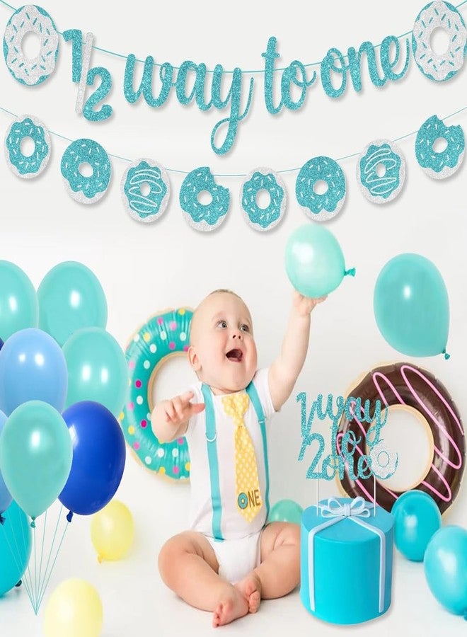 Festiko® Set of 28 Pcs Blue Glitter Donut Theme Happy 1/2 Birthday Combo (Banner, Cake Topper, Balloons), Half Way To One, Half Birthday Decorations, 6 Months Decorations For Boys. - Image 4